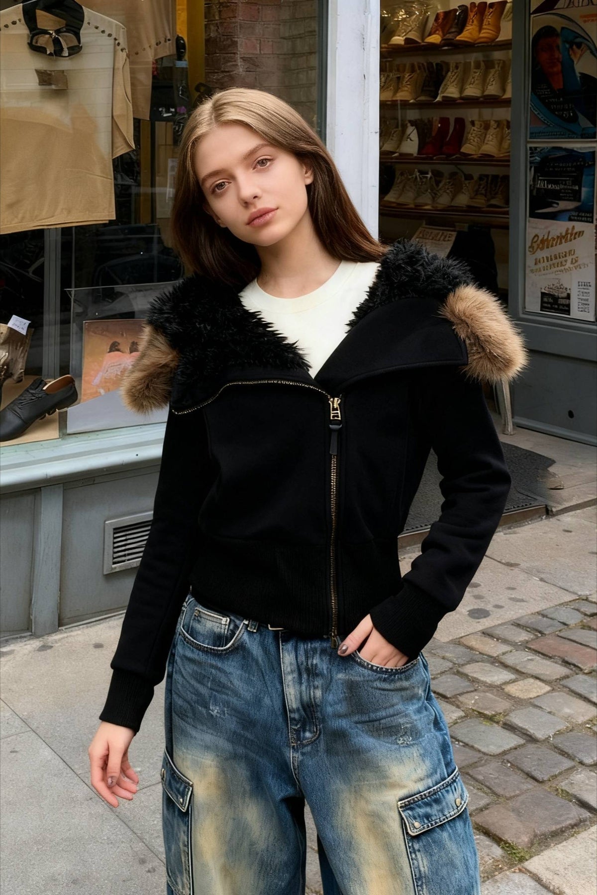 Fleece-Lined Hooded Fur-Collar Zip Short Jacket