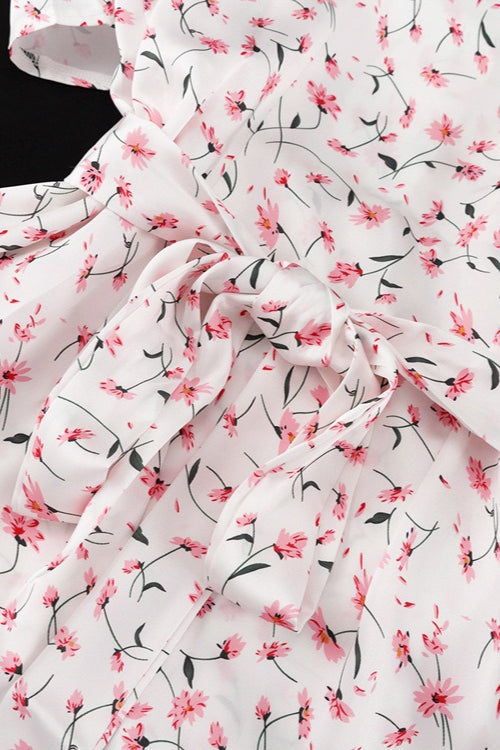 V Neck Tie Waist Short Sleeve Shirt Floral Dress