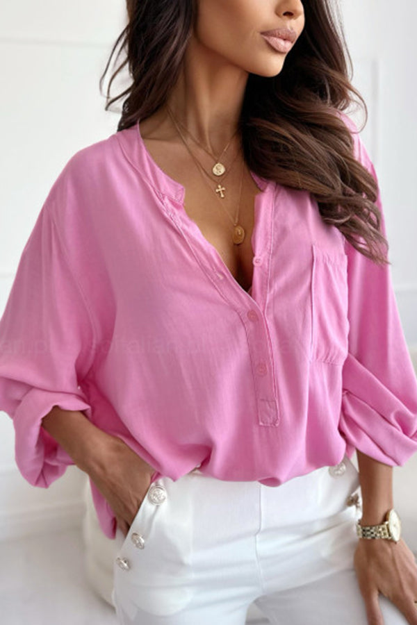 V Neck Button Roll Sleeve Patch Pocket Loose Straight Long Sleeve Shirt