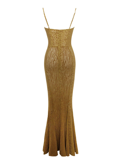 Ulani Gold Burnout Velvet Graceful Detail Mesh Maxi Dress