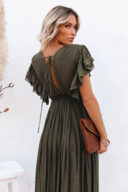 Plunging V-Neck Flutter Sleeve Tie Front Button Pocket Maxi Dress