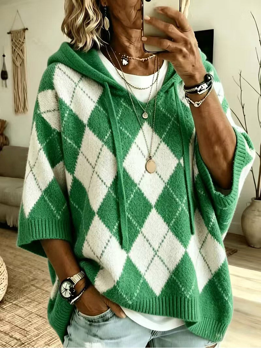 Argyle Hooded Knit Cardigan