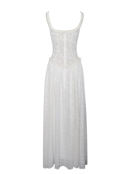 Ulissa White Square Neck Jacquard Trendy Textured High Slit Maxi Dress
