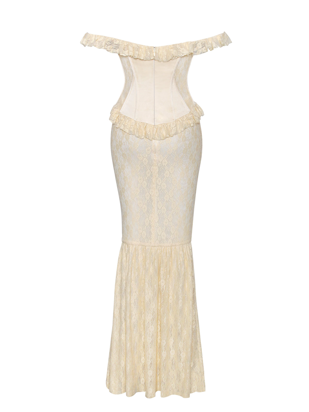 Ersilia Pale Yellow Satin Lace Trendy Peplum Corset Off Shoulder Maxi Dress
