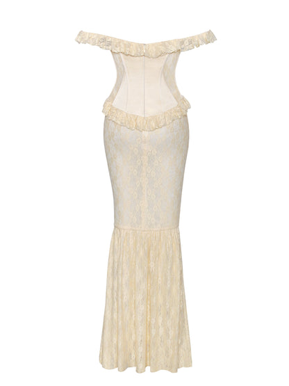 Ersilia Pale Yellow Satin Lace Trendy Peplum Corset Off Shoulder Maxi Dress