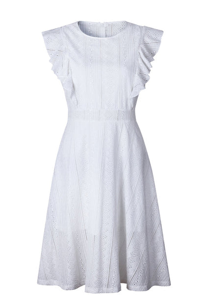 Eyelet Crew Neck Butterfly Ruffle Sleeve A-Line Midi Dress