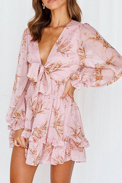 Tie Front Plunging V Neck Puff Sleeve Smocked Waist Tiered Ruffle Mini Dress