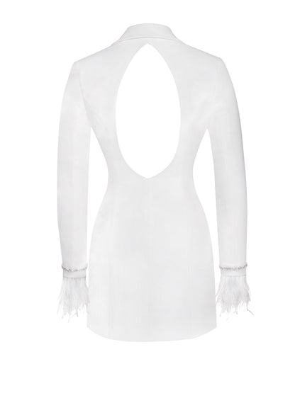 Quilla White Feather Crystal Graceful Sleeve Backless Blazer Dress