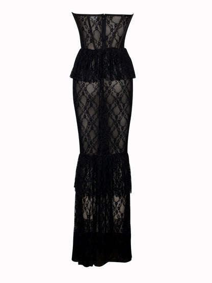 Quennell Black Lace Charming Corset Maxi Dress