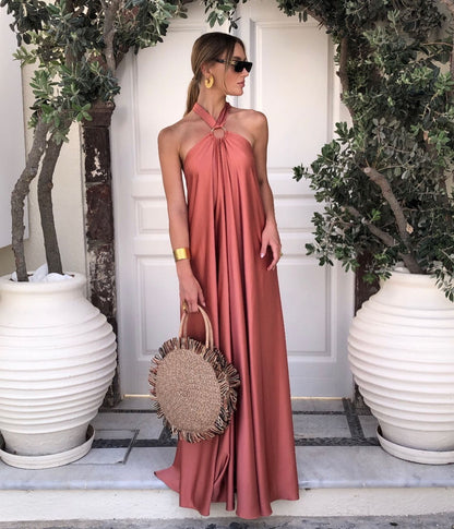 Halter Neck Ring Detail Draped Satin Maxi Dress
