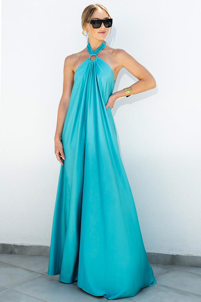 Halter Neck Ring Detail Draped Satin Maxi Dress
