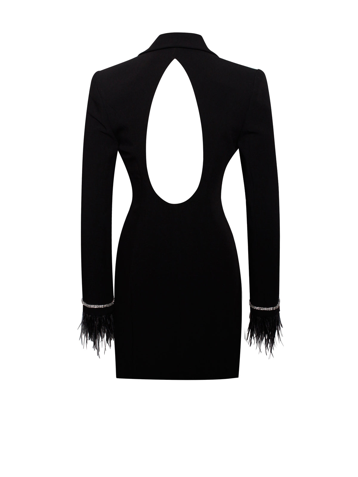 Quilla Black Feather Crystal Graceful Sleeve Backless Blazer Dress