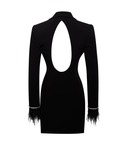 Quilla Black Feather Crystal Graceful Sleeve Backless Blazer Dress
