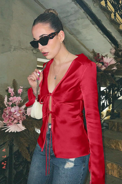 Satin Tie Front Slim Fitted Long Sleeve Blouse