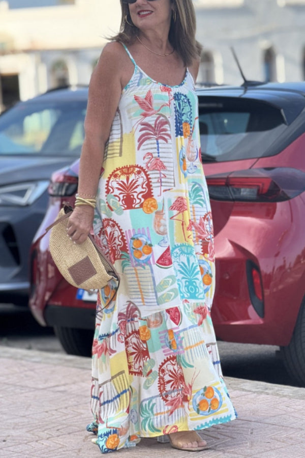 Long summer dress with flamingo print
