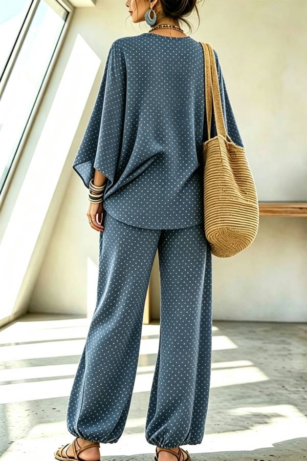 Retro Style Polka Dot Print Batwing Sleeve Top and Elastic Waist Loose Jogger Pants Set