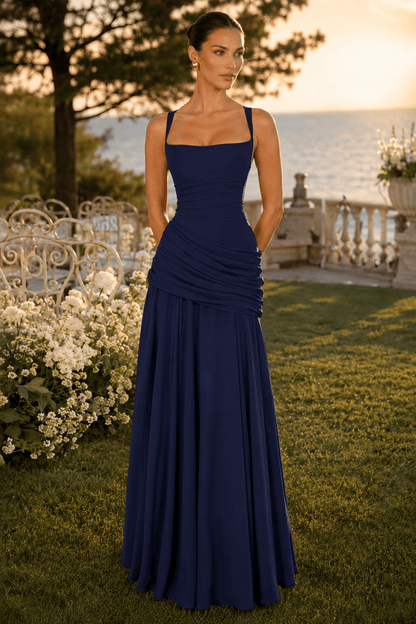 Solid Plunge Ruched Waist Backless Slip Dress
