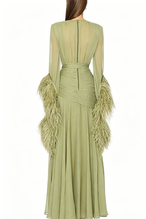 Geisha Lightweight Crepe Feather Trim Sleeve Ruched Waist Slit Maxi Dress