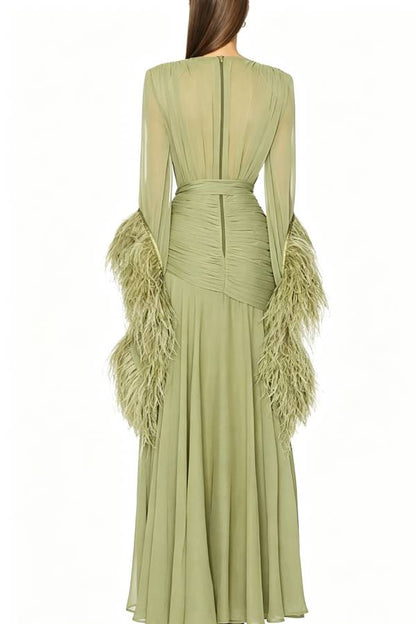 Geisha Lightweight Crepe Feather Trim Sleeve Ruched Waist Slit Maxi Dress