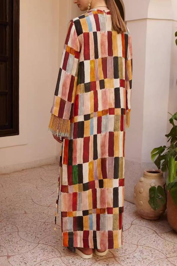 Color Block Geometric Print Long Dress with Tassel Cuffs
