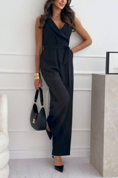 Lapel Sleeveless Waist Tie Wide Leg Jumpsuit