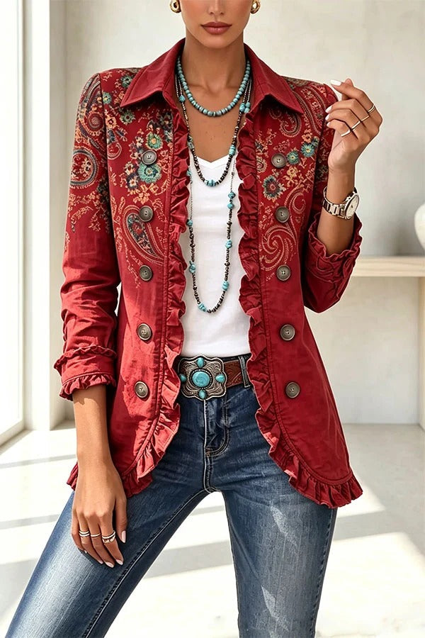 Stylish and Unique Printed Ruffle Trim Button-down Long Sleeve Jacket
