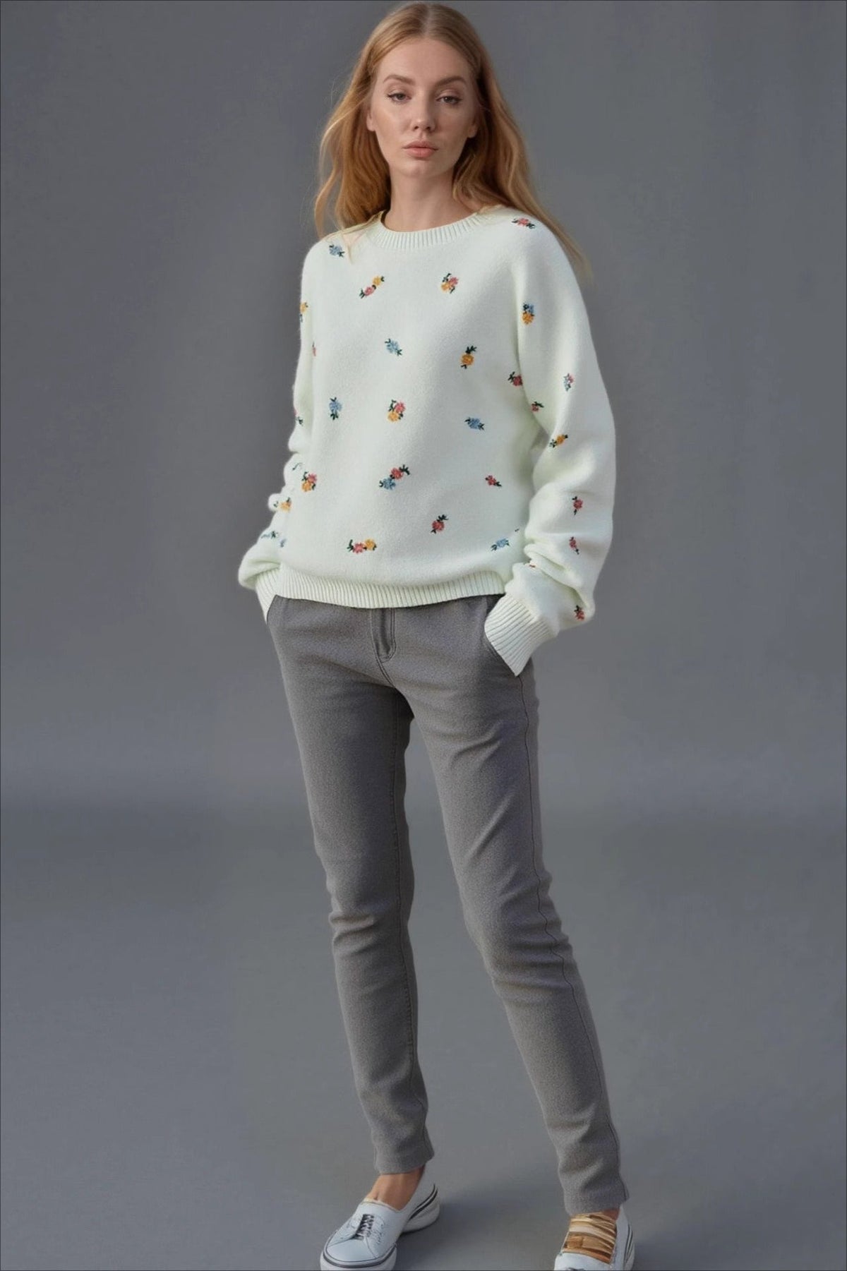 Embroidered Floral Crewneck Sweater