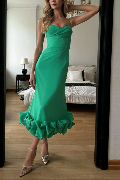 Elegant Solid Spaghetti Strap Ruched Maxi Prom Dress
