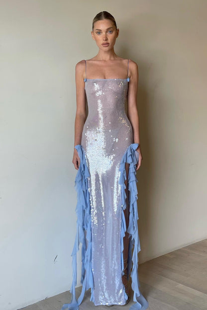 Sheer Long Ruffled Sequin Flower Sequin Dress
