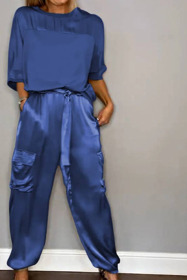 Satin Gloss Drawstring Waist-Defining Wide-Leg Workwear Set