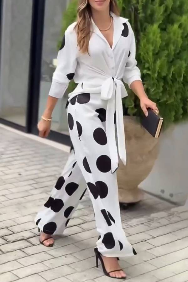 Fashion Lapel Long-sleeved Tie Waist Shirt and Casual Polka Dot Print Wide-leg Pants Set