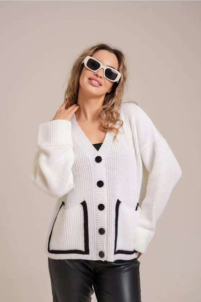 Pocket Color Block V Neck Cardigan