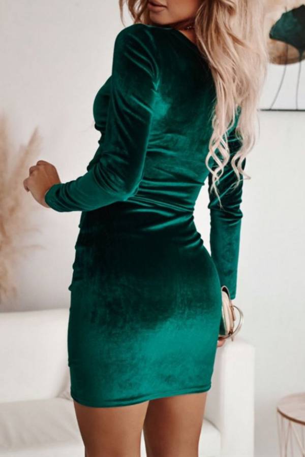 Velvet V-neck pleated fitted dress