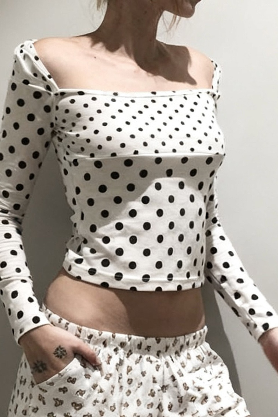 Polka Dot Contrast Trim Square Neck Crop Top