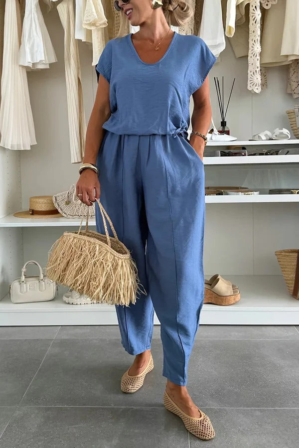 Leva Linen Blend Drawstring Short Sleeve Top and Elastic Waist Pocket Loose Tapered Pants