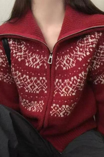 Ribbed Knit Fair Isle Zip Cardigan