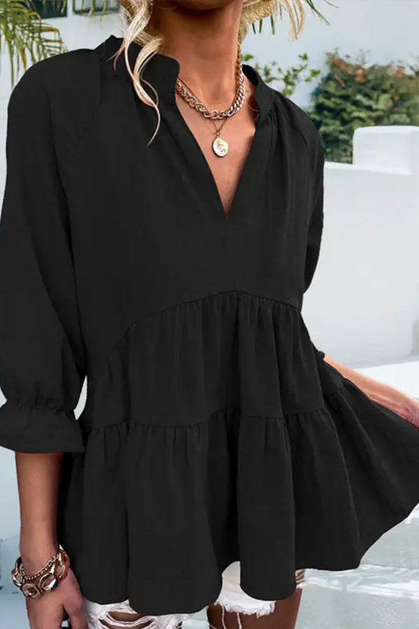 V-neck Casual Loose Solid Color Long-sleeved Blouse
