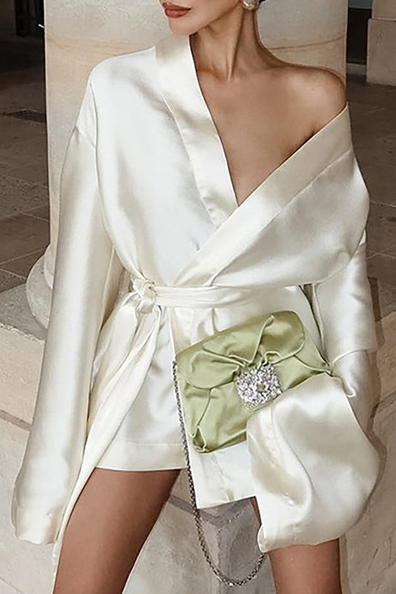 Elegant Satin Long Sleeve V Neck Tie Cocktail Dress
