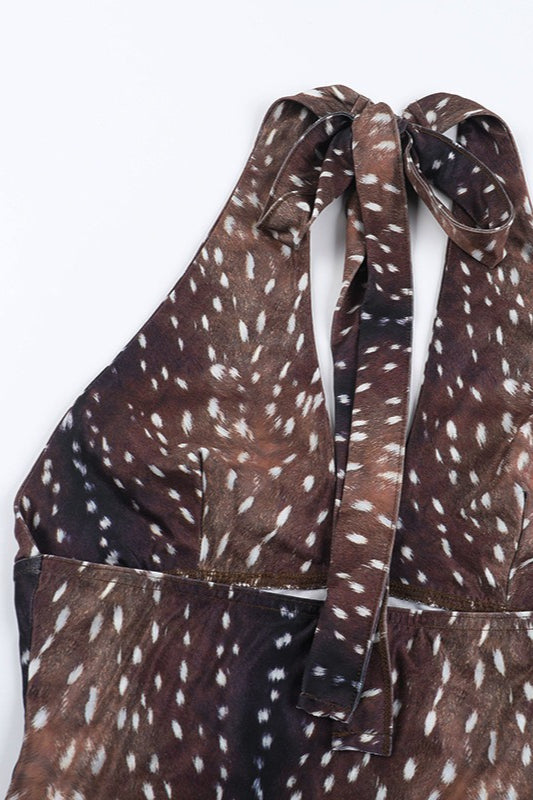 Deer Print V Neck Sleeveless Halter Top