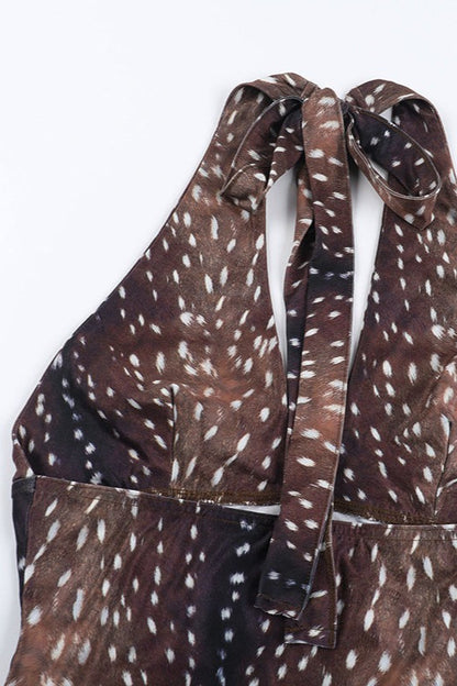Deer Print V Neck Sleeveless Halter Top