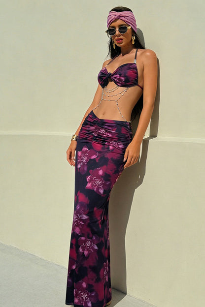 Elegant Chain Detailed Backless Floral Dress
