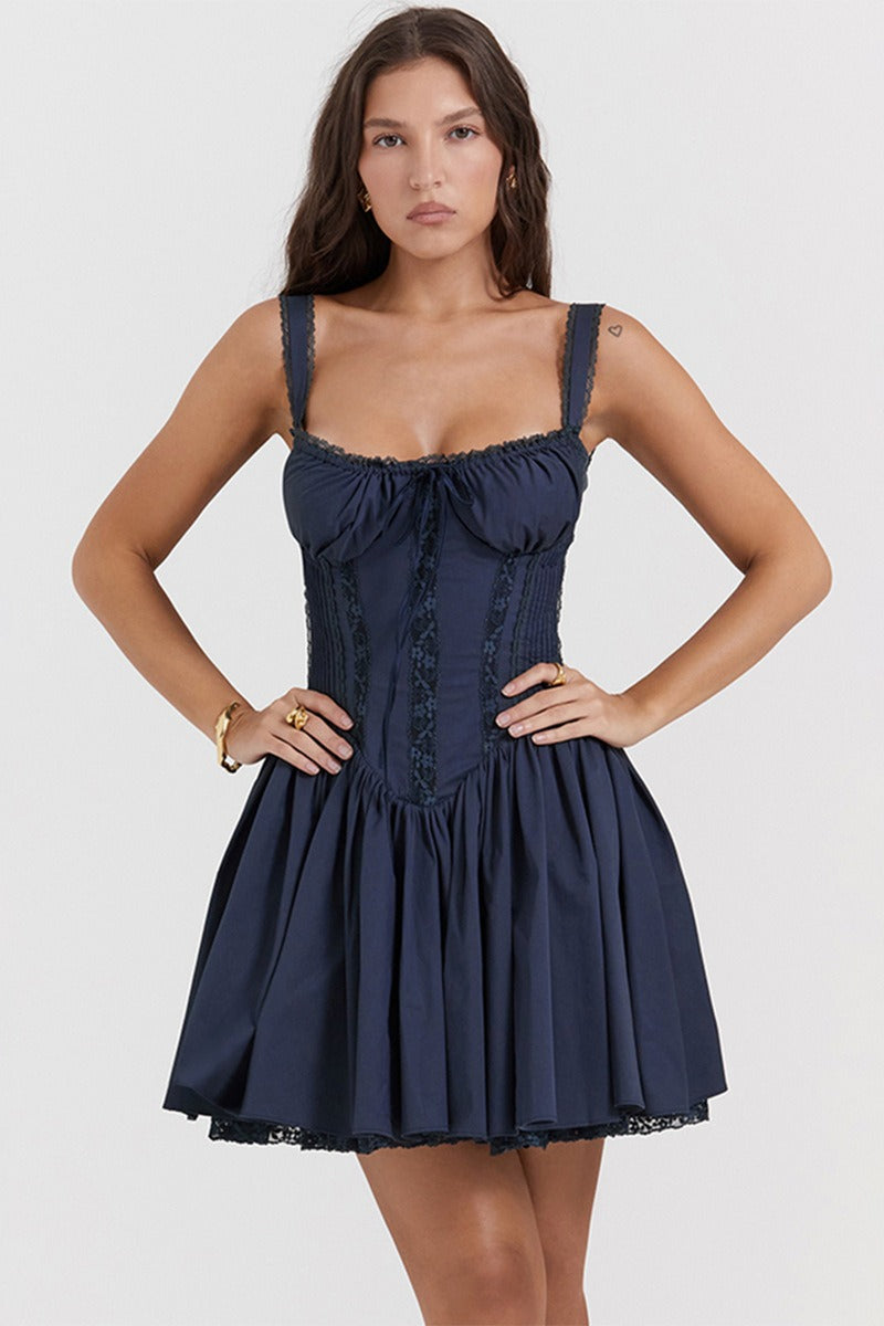 Spaghetti Strap Lace Trim Ballet A Line Sleeveless Mini Dress