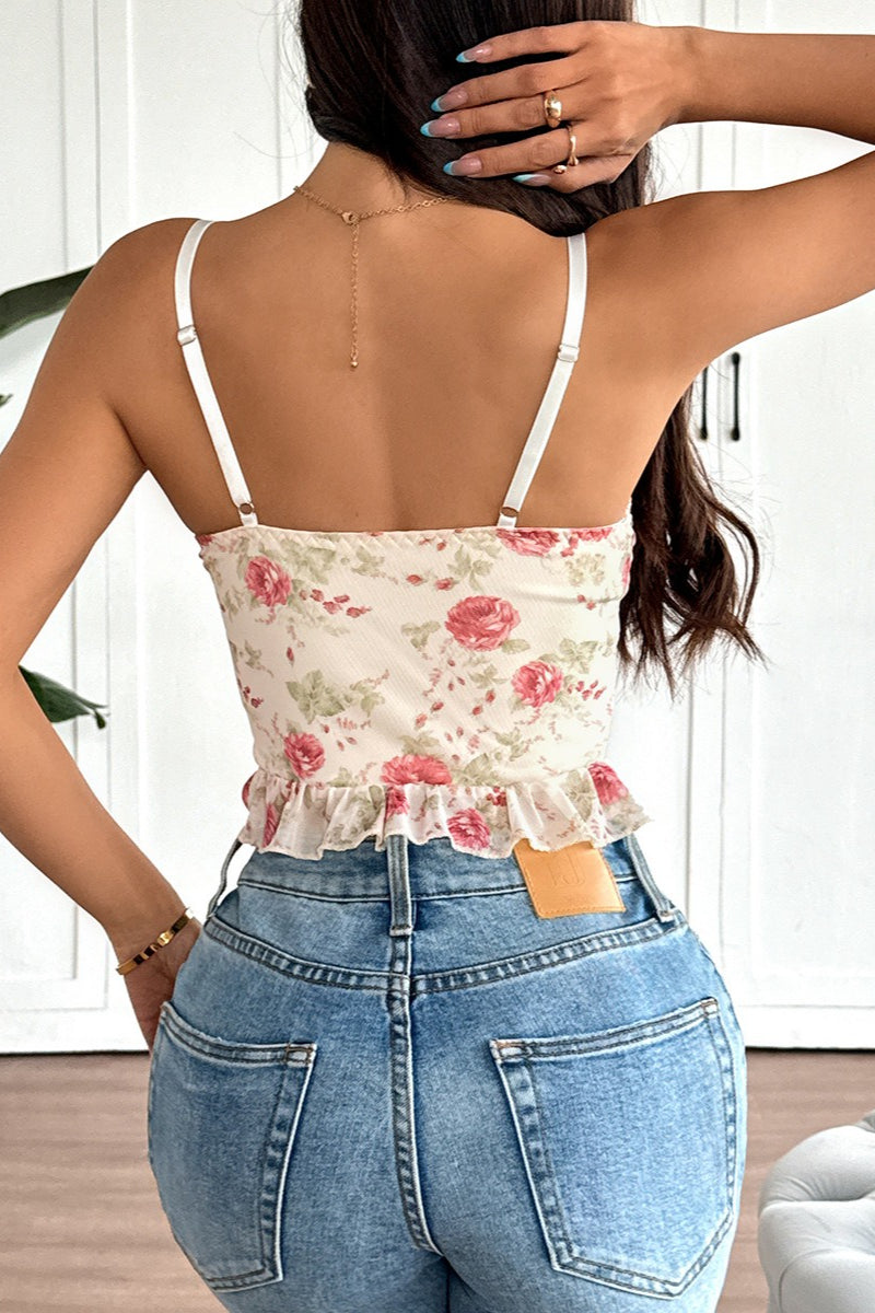 Floral Print Cross Tie Sleeveless Crop Top