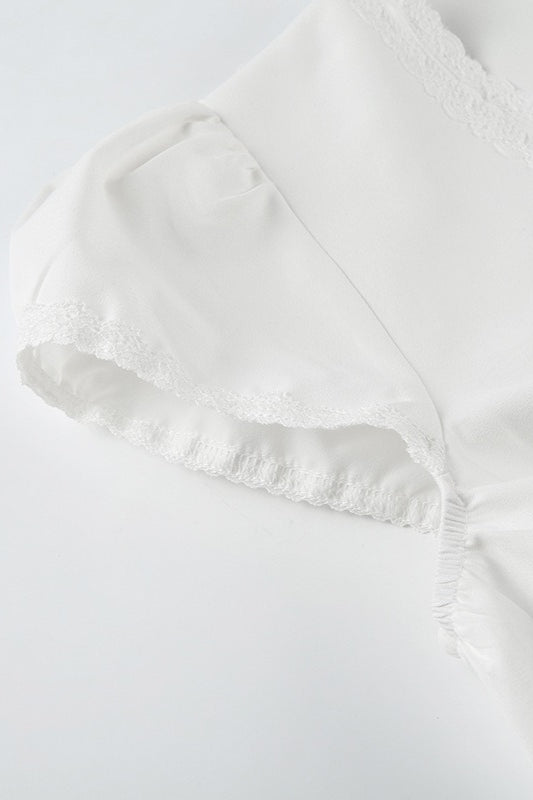 Lace Paneled Ruched Puff Sleeve Tie Blouse