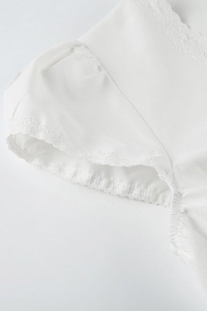 Lace Paneled Ruched Puff Sleeve Tie Blouse