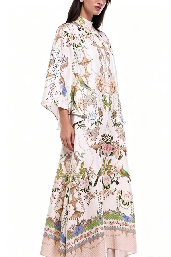 Serene Refinement Unique Art Printed High Tie-up Neck Bell Sleeve Kaftan Maxi Dress