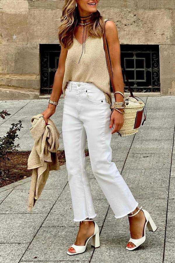 Light Gold Shiny Silk Knit Suspender + Cardigan Two-Piece Set