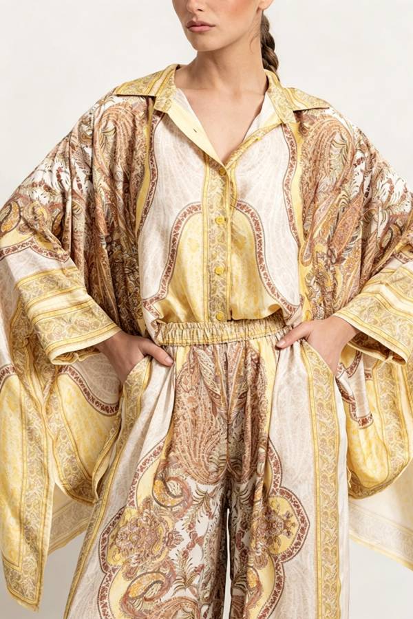 Julia Paisley Print Batwing Sleeve Irregular Hem Blouse and Elastic Waist Pocket Loose Pants Set