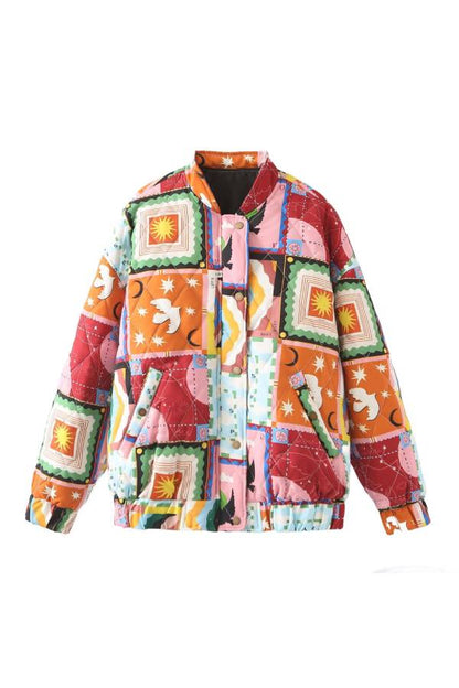 Art Printed Patchwork Quilted Bomber Padded Jacket
