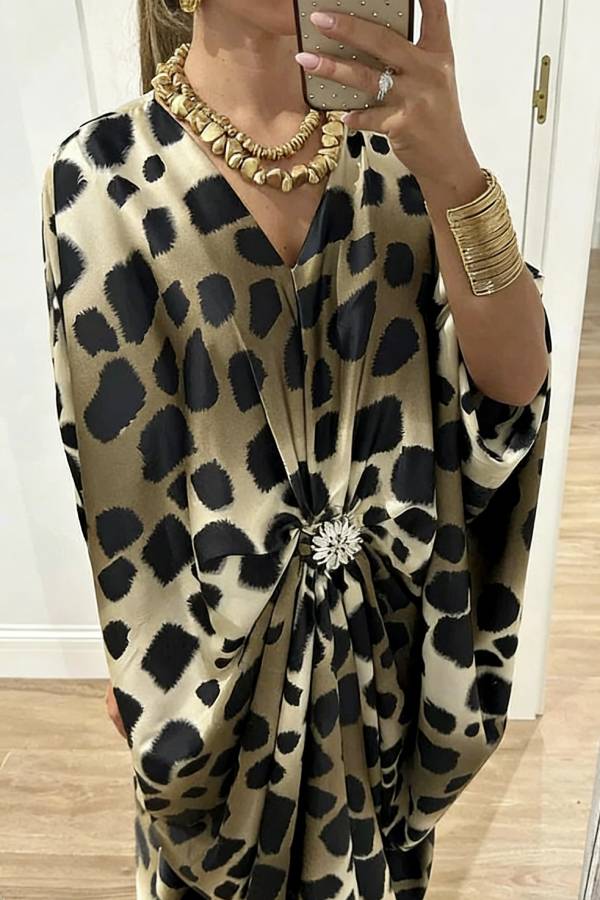 Airy Satin Unique Print V-neck Gemstone Embellished Drape Robe Maxi Dress